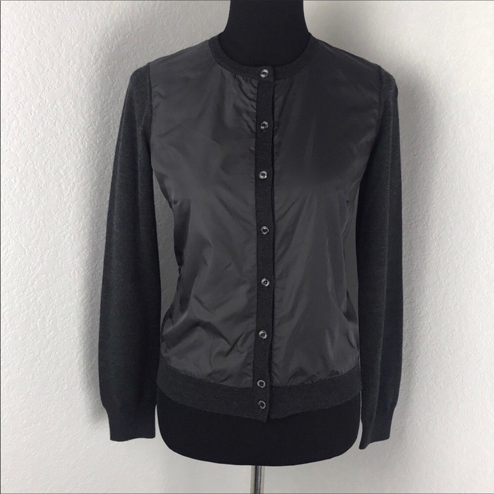 Authentic Moncler grey wool cardigan, signature nylon inlay